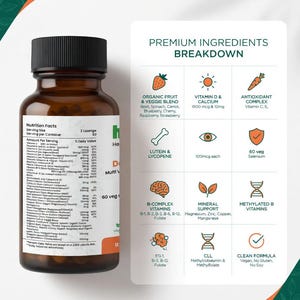 May include: A brown bottle of dietary supplements with a black cap. The label includes nutrition facts and a breakdown of premium ingredients, such as Vitamin D, antioxidants, and B-complex vitamins. The bottle contains 60 vegetarian lozenges.