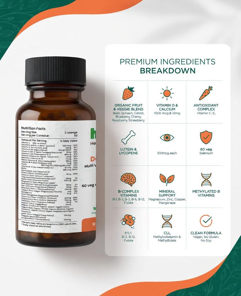 May include: A brown bottle of dietary supplements with a black cap. The label includes nutrition facts and a breakdown of premium ingredients, such as Vitamin D, antioxidants, and B-complex vitamins. The bottle contains 60 vegetarian lozenges.