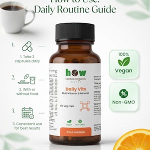 May include: A brown glass bottle of Daily Vits multi-vitamin and mineral capsules with a black cap. The label includes the text "How to Use: Daily Routine Guide" and "Vegan" and "Non-GMO" symbols. The bottle contains 60 capsules.