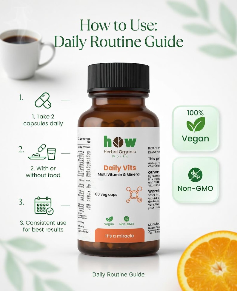 May include: A brown glass bottle of Daily Vits multi-vitamin and mineral capsules with a black cap. The label includes the text "How to Use: Daily Routine Guide" and "Vegan" and "Non-GMO" symbols. The bottle contains 60 capsules.