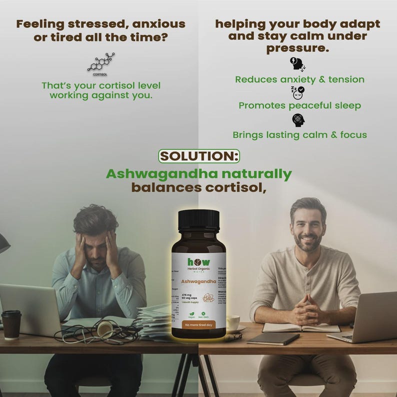 Op de afbeelding: Een afbeelding die Ashwagandha-capsules promoot. De afbeelding toont een bruine fles Ashwagandha met de merknaam "how" en de tekst "Herbal Organics". De tekst in de afbeelding stelt dat Ashwagandha het lichaam helpt zich aan te passen en kalm te blijven onder druk.