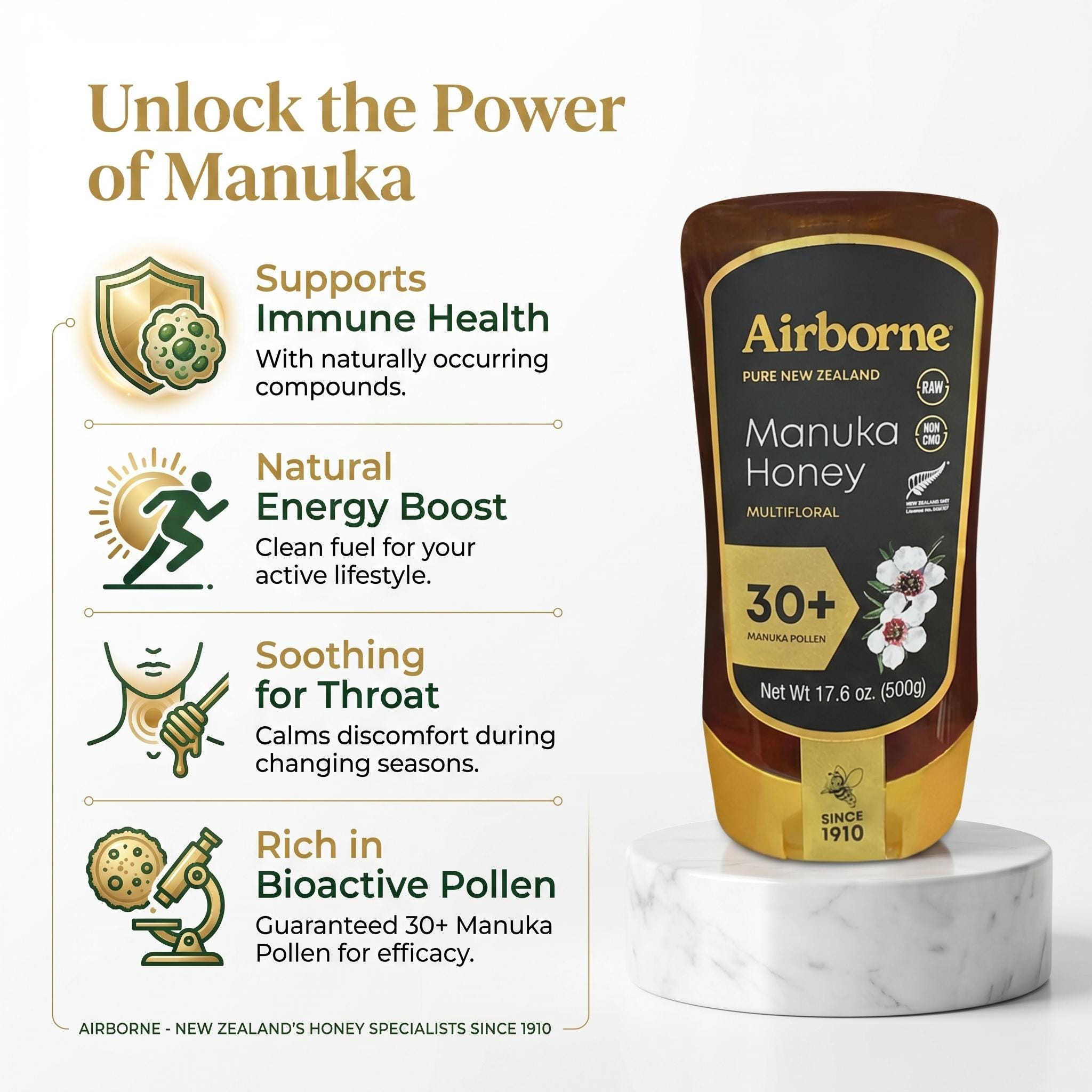 Airborne Manuka Honey 30+ Raw Multifloral New Zealand (17.6 Oz