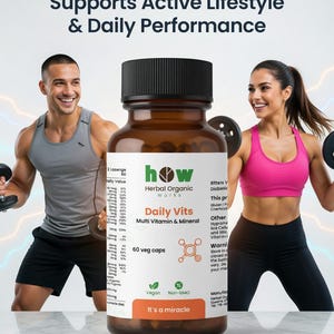 May include: A bottle of "Daily Vits" multi-vitamin and mineral supplements with a black cap and a brown glass bottle. The label includes the text "Herbal Organic Works" and "60 veg caps". The image also includes the text "Supports Active Lifestyle & Daily Performance".