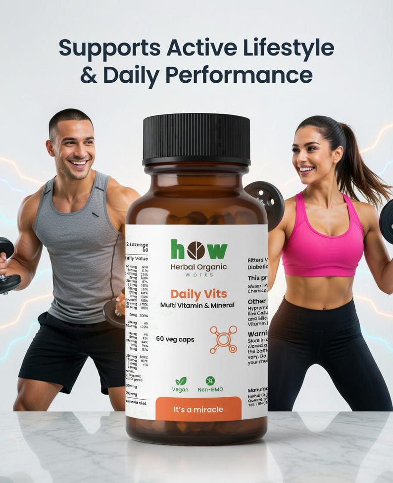 May include: A bottle of "Daily Vits" multi-vitamin and mineral supplements with a black cap and a brown glass bottle. The label includes the text "Herbal Organic Works" and "60 veg caps". The image also includes the text "Supports Active Lifestyle & Daily Performance".