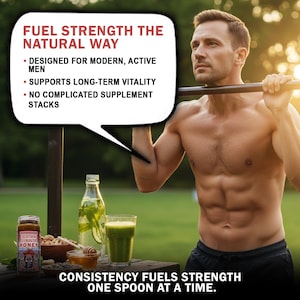 Pu&ograve; includere: Immagine di un uomo che tiene una barra, con il testo &laquo;FUEL STRENGTH THE NATURAL WAY&raquo;. L'immagine mostra anche un barattolo di miele, una ciotola di noci, un bicchiere di succo verde e una bottiglia d'acqua. Il testo in basso dice &laquo;CONSISTENCY FUELS STRENGTH ONE SPOON AT A TIME&raquo;.