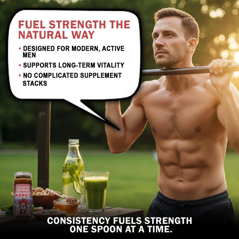 Pu&ograve; includere: Immagine di un uomo che tiene una barra, con il testo &laquo;FUEL STRENGTH THE NATURAL WAY&raquo;. L'immagine mostra anche un barattolo di miele, una ciotola di noci, un bicchiere di succo verde e una bottiglia d'acqua. Il testo in basso dice &laquo;CONSISTENCY FUELS STRENGTH ONE SPOON AT A TIME&raquo;.