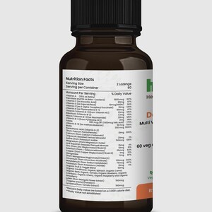 May include: A brown bottle of "Health Direct" Multi Vitamin lozenges. The label lists the nutrition facts, including vitamins A, C, D, E, K, and B, along with minerals. The bottle contains 60 vegetarian lozenges.