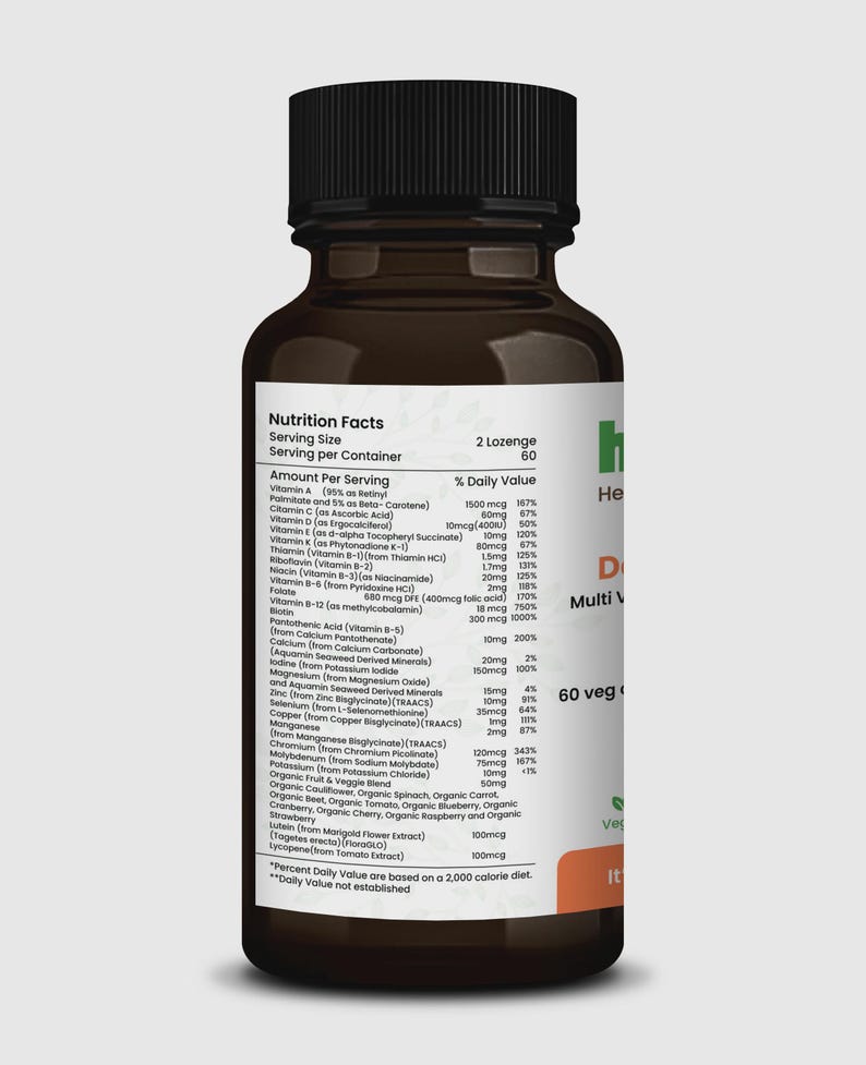 May include: A brown bottle of "Health Direct" Multi Vitamin lozenges. The label lists the nutrition facts, including vitamins A, C, D, E, K, and B, along with minerals. The bottle contains 60 vegetarian lozenges.