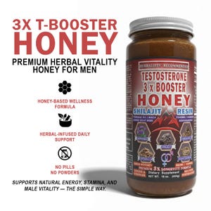 Pu&ograve; includere: Un barattolo di miele con coperchio argentato, etichettato "3X T-Booster Honey" e "Testosterone 3X Booster Honey". L'etichetta evidenzia ingredienti a base di erbe e il testo "Premium Herbal Vitality Honey For Men". Il barattolo contiene 454g di miele.