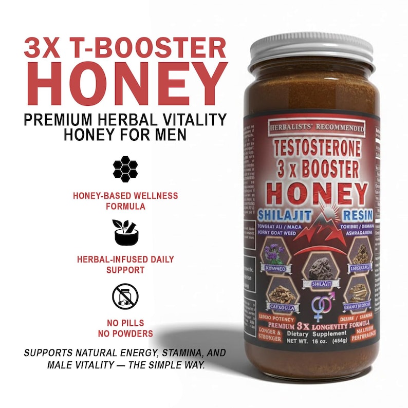 Pu&ograve; includere: Un barattolo di miele con coperchio argentato, etichettato "3X T-Booster Honey" e "Testosterone 3X Booster Honey". L'etichetta evidenzia ingredienti a base di erbe e il testo "Premium Herbal Vitality Honey For Men". Il barattolo contiene 454g di miele.