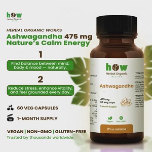 Organische ashwagandha-capsules 475 mg – veganistisch niet-ggo-kruidensupplement (60 capsules) afbeelding 8