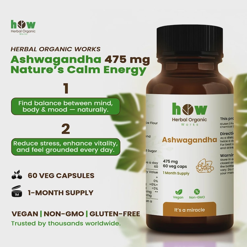 Organische ashwagandha-capsules 475 mg – veganistisch niet-ggo-kruidensupplement (60 capsules) afbeelding 8