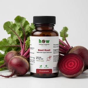 May include: A brown bottle of Beet Root capsules with a black lid, surrounded by fresh beets and leaves. The label reads "how Herbal Organic Works" and "It's a miracle". The bottle contains 60 capsules.