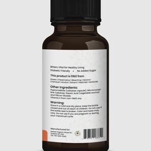 May include: A brown bottle with a black cap and a white label. The label includes text about the product's ingredients and warnings. The bottle is for Bitters Vital for Healthy Living and is diabetic friendly.