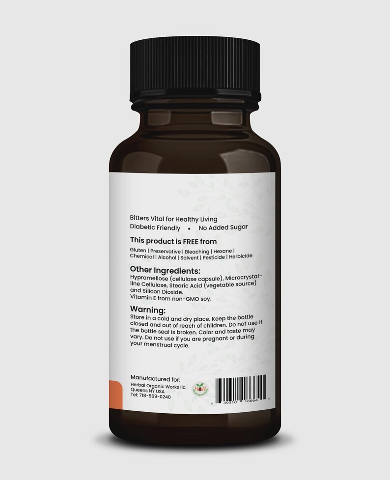 May include: A brown bottle with a black cap and a white label. The label includes text about the product's ingredients and warnings. The bottle is for Bitters Vital for Healthy Living and is diabetic friendly.