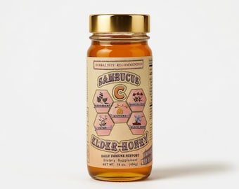 エルダーベリーシロップ　ハーブハニー入り（ブラックシード、マヌカ、エキナセア、タイム配合） – 毎日の免疫サポート　473ml