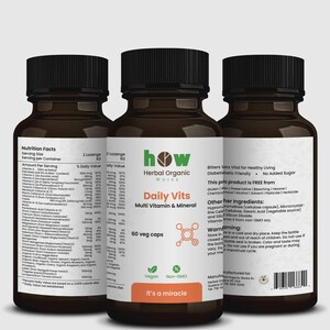 May include: Three brown supplement bottles with black caps. The labels read "Daily Vits Multi Vitamin & Mineral" and include nutritional information. The bottles are labeled as vegan and non-GMO.