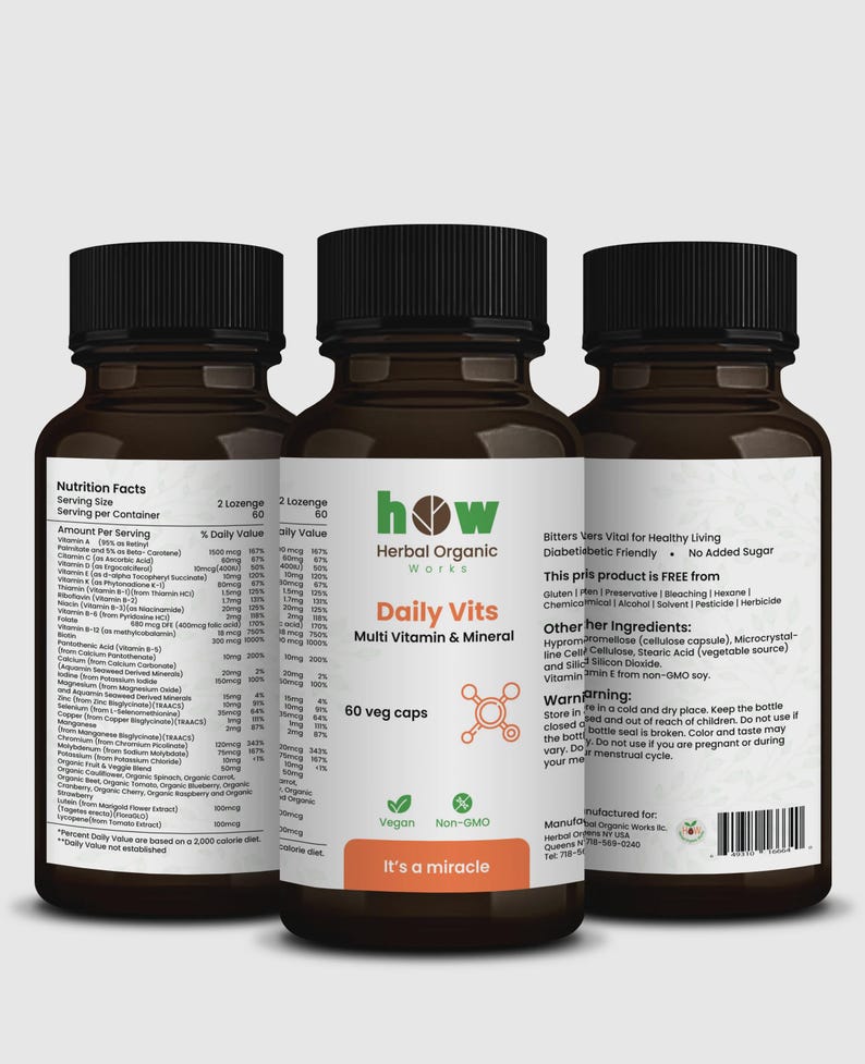 May include: Three brown supplement bottles with black caps. The labels read "Daily Vits Multi Vitamin & Mineral" and include nutritional information. The bottles are labeled as vegan and non-GMO.