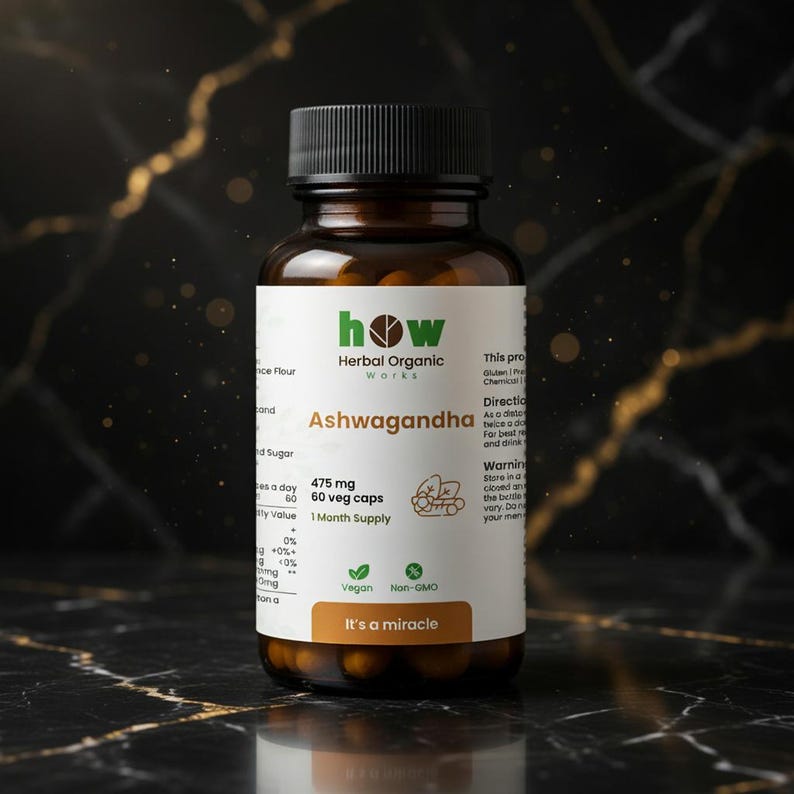 Organische ashwagandha-capsules 475 mg – veganistisch niet-ggo-kruidensupplement (60 capsules) afbeelding 1