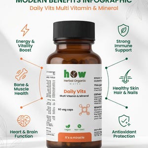 May include: A brown glass bottle of Daily Vits Multi Vitamin & Mineral supplements. The label includes the brand name "how Herbal Organic Works", and the text "60 veg caps". The image also features icons and text highlighting benefits like energy boost and immune support.