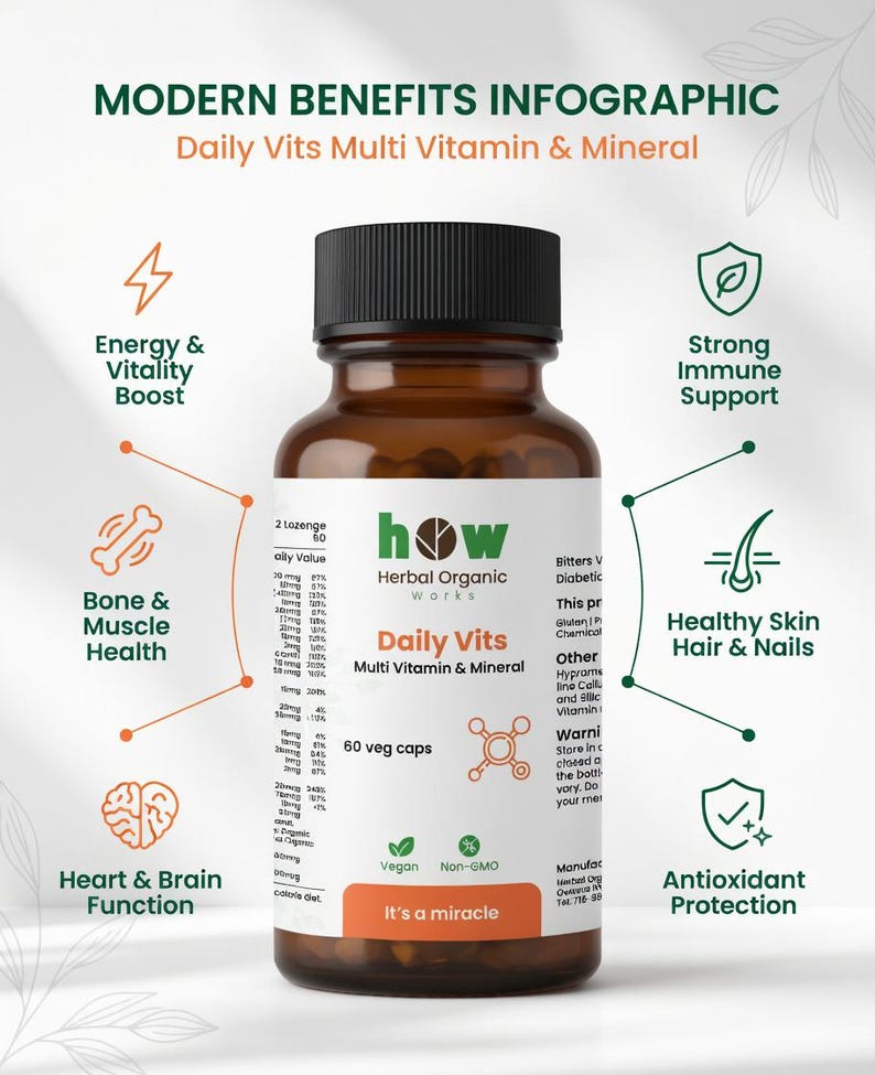 May include: A brown glass bottle of Daily Vits Multi Vitamin & Mineral supplements. The label includes the brand name "how Herbal Organic Works", and the text "60 veg caps". The image also features icons and text highlighting benefits like energy boost and immune support.