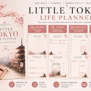 Op de afbeelding: Een Little Tokyo Life Planner met een Japans thema. De planner bevat pagina's voor wellness, financiën, productiviteit en maaltijdplanning. De omslag toont een pagode en kersenbloesems. Verkrijgbaar als printbare PDF, A4-formaat.
