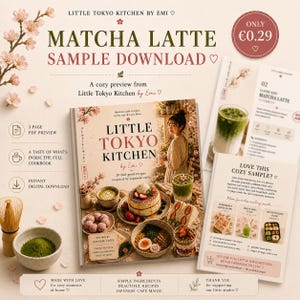 Puede incluir: Una muestra de descarga digital del libro de cocina "Little Tokyo Kitchen", con recetas de matcha latte. La portada muestra a una mujer y varios platos de café japonés. Incluye un batidor de matcha, un cuenco y una página de muestra.