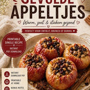 May include: A plate of baked apples topped with nuts and dried fruit, a cinnamon stick, and a cup of coffee. The image has text that reads "FOODZINE GEVULDE APPELTJES" and "Foodzine printable recipe MADE FOR BRUNCH LOVERS."
