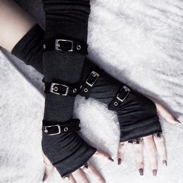 Entwined Angel Arm Warmers | Gothic Unisex Buckled | Charcoal Heather Grey Silver Metal Buckles Black Straps | Visual Men Punk Dark Vampire