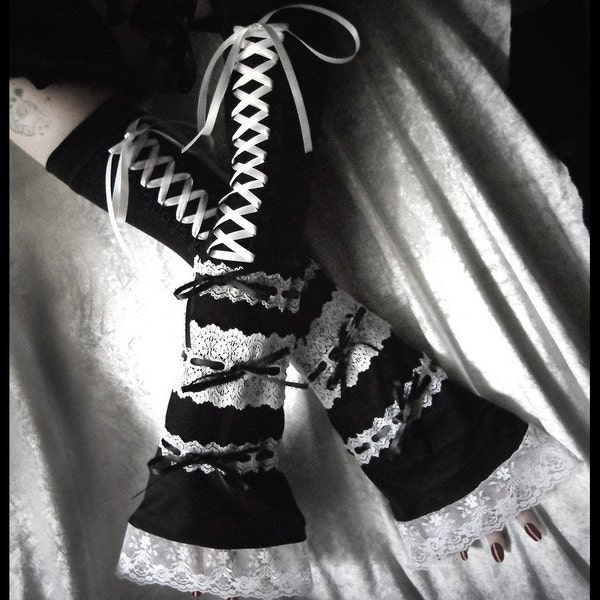 Hedonia, Queen of Shadows Extra Long Corset Laced Up Arm Warmers in Elegant Midnight Black with Snow White Lace and Black and White Ribbons for Lolita, Gothic, Steampunk, Noir, Belly Dance, Victorian, Rococo, Dark, Fusion Styles