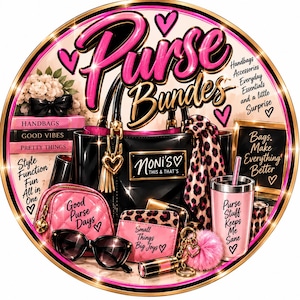 May include: A circular graphic featuring a black handbag with a gold heart charm, a pink quilted pouch labeled Good Purse Days, a leopard print wallet, a pink tumbler with text, sunglasses, and various accessories with pink and black accents.