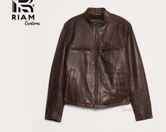 Chaqueta de motociclista de cuero marrón espresso hecha a mano: abrigo de motociclista de corte ajustado
