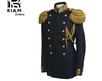Chaqueta tipo túnica de oficial del ejército británico, uniforme militar negro estilo húsar, abrigo para hombre con cordón y charreteras doradas, flecos en los hombros.