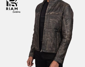 Chaqueta de cuero desgastado para hombre: chaqueta de motociclista vintage estilo Cafe Racer, abrigo de moto ajustado.