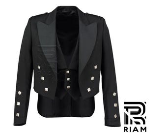Chaqueta y chaleco Príncipe Charlie de Escocia para hombre / Chaqueta de kilt negra con botones plateados / Traje formal de boda de las Tierras Altas