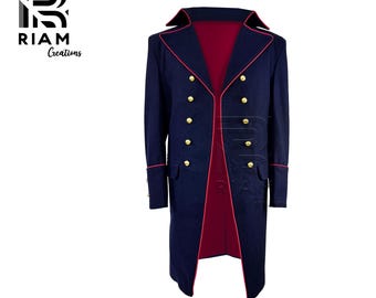 Chaqueta militar azul marino para hombre / Abrigo de oficial de la época de la Regencia / Abrigo largo victoriano para cosplay / Uniforme de desfile steampunk / Frac gótico
