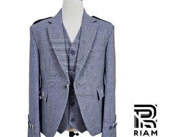 Conjunto de chaqueta y chaleco de tweed gris con estampado de rombos / Traje formal de boda de las Tierras Altas escocesas