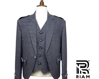 Chaqueta y chaleco de kilt de tweed con estampado de rombos, chaqueta de boda escocesa de las Tierras Altas, chaleco de kilt con estampado de rombos, traje formal de mezcla de lana