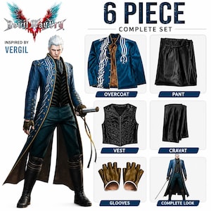 Devil May Cry Vergil Inspired Coat Set | Satin Overcoat, Leather Vest & Gloves | DMC5 Cosplay Costume