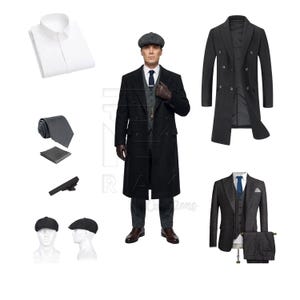 Peaky Blinders Kostüm Set | Thomas Shelby Komplettoutfit | Tweed Anzug, Mantel, Hemd, Krawatte & Mütze