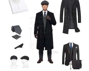 Conjunto de abrigo estilo Thomas Shelby de Peaky Blinders / Abrigo negro vintage para hombre / Combinación, estilo gánster de los años 20, gabardina de lana