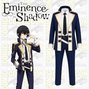 May include: A navy blue suit with white lapels and gold trim, featuring a white collared shirt, a black necktie, and a black belt. The suit is displayed alongside an illustration of a character wearing the same outfit, with the text The Eminence in Shadow.