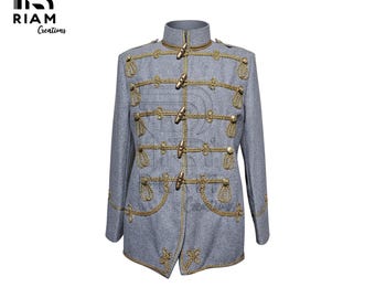 Chaqueta militar de húsares con trenzas doradas, estilo napoleónico, para desfiles / Estilo boda steampunk de Jimi Hendrix / Atuendo de Halloween / Chaqueta de banda de rock