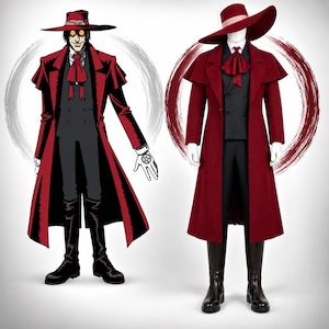 May include: A costume set consisting of a long dark red trench coat with a capelet, a black double-breasted vest, black trousers, a red cravat, and a wide-brimmed dark red hat with a pink band, displayed on a mannequin alongside an illustration.