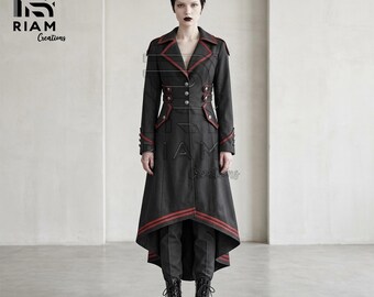 Abrigo largo militar gótico, abrigo largo de lana estilo vampiro, chaqueta de frac victoriana, abrigo gótico con ribete rojo, atuendo de estilo academia oscura