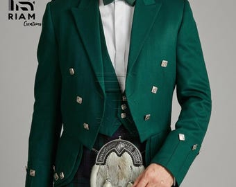 Conjunto de chaqueta y chaleco verde estilo Príncipe Carlos Eduardo Estuardo, atuendo formal de boda de las Tierras Altas escocesas.