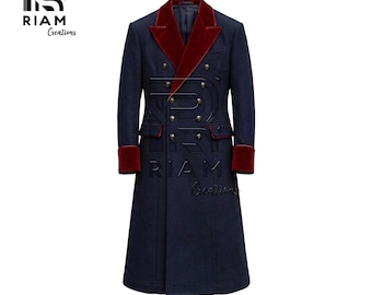 Abrigo de lana azul marino para hombre / Cuello de terciopelo rojo, botones de latón, chaqueta estilo steampunk victoriano