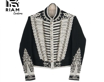 Chaqueta de húsares de Napoleón – Chaqueta de estilo militar vintage – Uniforme de desfile bordado en blanco y negro