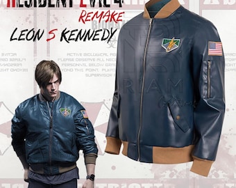 Chaqueta bomber azul de Leon S. Kennedy, chaqueta de cosplay de Resident Evil 4 Remake, chaqueta bomber de cuero para hombre, abrigo de atuendo de videojuego, ropa urbana de anime