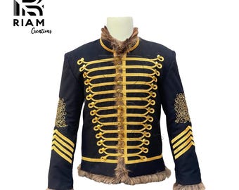 Chaqueta militar de húsares de banda de rock con ribete de piel / Abrigo de estilo victoriano real / Chaqueta de escenario de Michael Jackson / Ribetes dorados